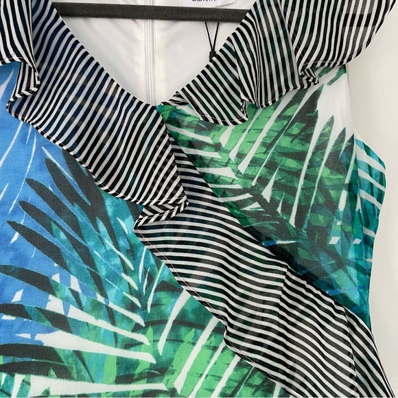 Calvin Klein ruffles maxi dress black blue green white Sz 8 floral palm leaves - Picture 2 of 3